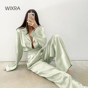 WIXRA Women Satin Single Breasted Long Sleeve Blouse+Elastic Waist Zipper Long Pants