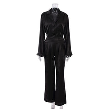 Load image into Gallery viewer, WIXRA Women Satin Single Breasted Long Sleeve Blouse+Elastic Waist Zipper Long Pants