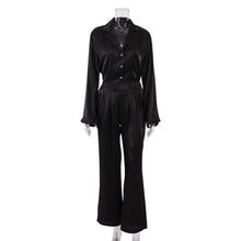 Load image into Gallery viewer, WIXRA Women Satin Single Breasted Long Sleeve Blouse+Elastic Waist Zipper Long Pants