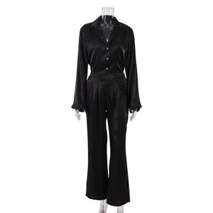 WIXRA Women Satin Single Breasted Long Sleeve Blouse+Elastic Waist Zipper Long Pants