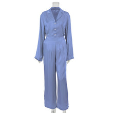 Load image into Gallery viewer, WIXRA Women Satin Single Breasted Long Sleeve Blouse+Elastic Waist Zipper Long Pants