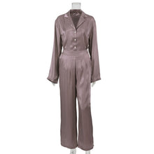 Load image into Gallery viewer, WIXRA Women Satin Single Breasted Long Sleeve Blouse+Elastic Waist Zipper Long Pants