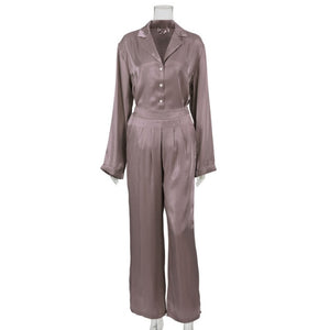 WIXRA Women Satin Single Breasted Long Sleeve Blouse+Elastic Waist Zipper Long Pants