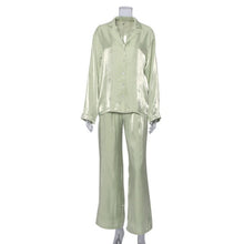 Load image into Gallery viewer, WIXRA Women Satin Single Breasted Long Sleeve Blouse+Elastic Waist Zipper Long Pants