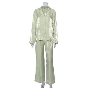 WIXRA Women Satin Single Breasted Long Sleeve Blouse+Elastic Waist Zipper Long Pants