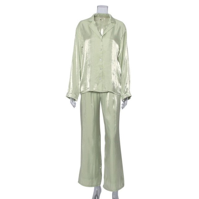 WIXRA Women Satin Single Breasted Long Sleeve Blouse+Elastic Waist Zipper Long Pants