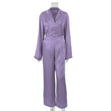 Load image into Gallery viewer, WIXRA Women Satin Single Breasted Long Sleeve Blouse+Elastic Waist Zipper Long Pants
