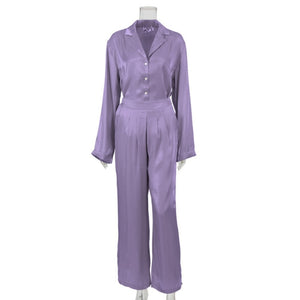 WIXRA Women Satin Single Breasted Long Sleeve Blouse+Elastic Waist Zipper Long Pants
