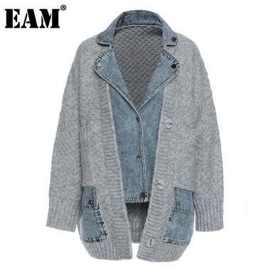 [EAM] Women Loose Fit Knitting Denim Stitch Jacket