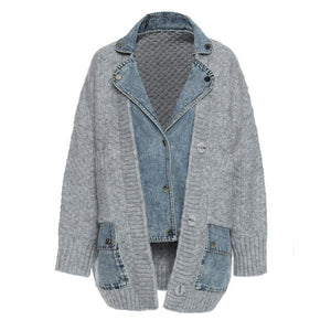 [EAM] Women Loose Fit Knitting Denim Stitch Jacket