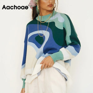 AACHOAE Women Graphic Printed Vintage O-Neck Sweater