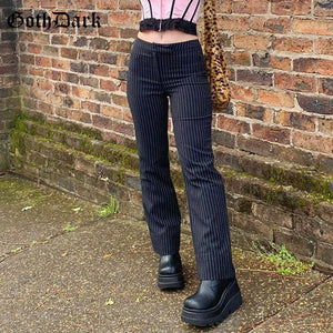 GOTH DARK Women Striped Print Black Slim High Waist Pants