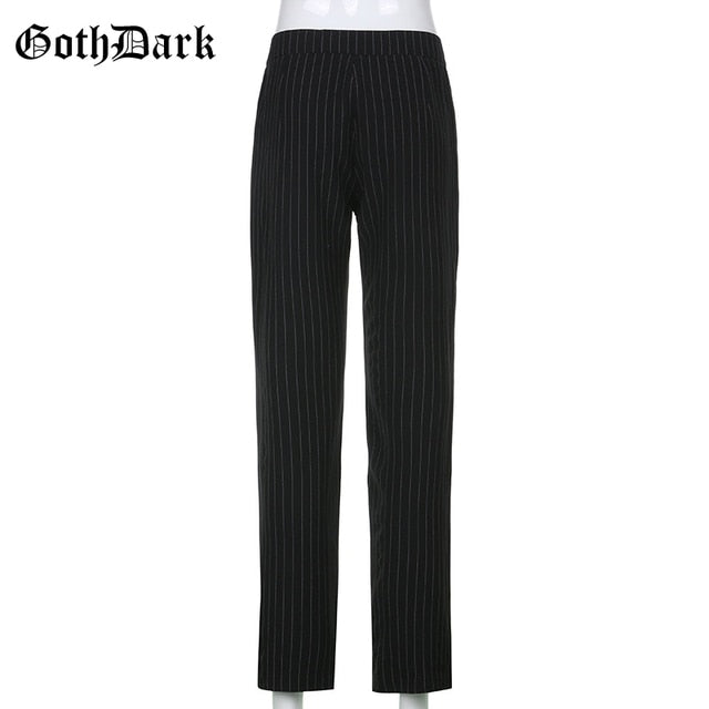 GOTH DARK Women Striped Print Black Slim High Waist Pants