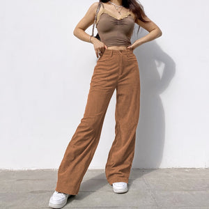 SWEETOWN Women Corduroy 90s Caramel Brown Low Waist Straight Pants