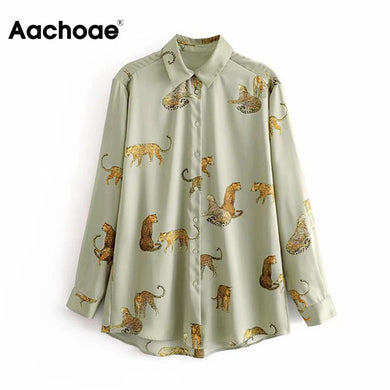 AACHOAE Women Leopard Print Turn Down Collar Shirt