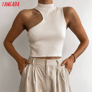 TANGADA Women Asymmetry Sleeveless Knitted Crop Top