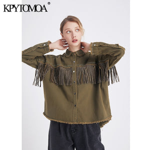KPYTOMOA Women Fringe Beaded Loose Denim Jacket