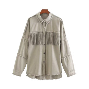 KPYTOMOA Women Fringe Beaded Loose Denim Jacket