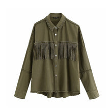 Load image into Gallery viewer, KPYTOMOA Women Fringe Beaded Loose Denim Jacket