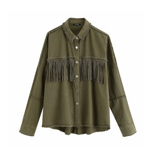 KPYTOMOA Women Fringe Beaded Loose Denim Jacket