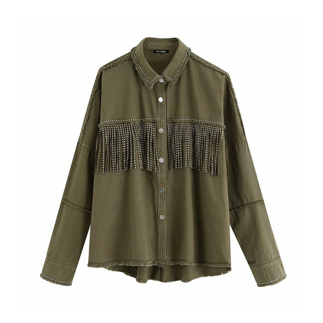 KPYTOMOA Women Fringe Beaded Loose Denim Jacket