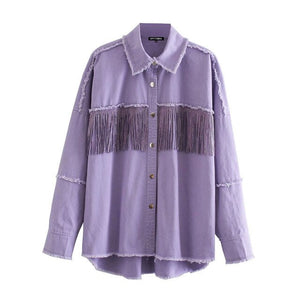 KPYTOMOA Women Fringe Beaded Loose Denim Jacket