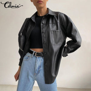 CELMIA Women Oversize PU Leather Jacket