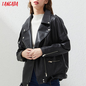 TANGADA Women Black Faux Leather Jacket Coat