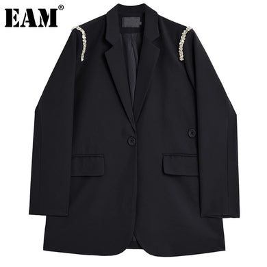 [EAM] Women Rhinestone Spliced Khaki Casual Blazer Jacket