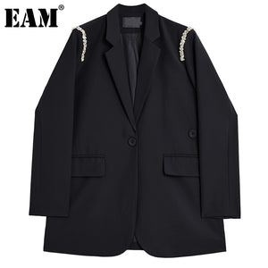 [EAM] Women Rhinestone Spliced Khaki Casual Blazer Jacket