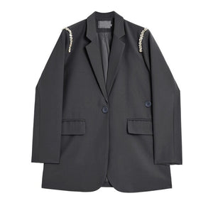 [EAM] Women Rhinestone Spliced Khaki Casual Blazer Jacket