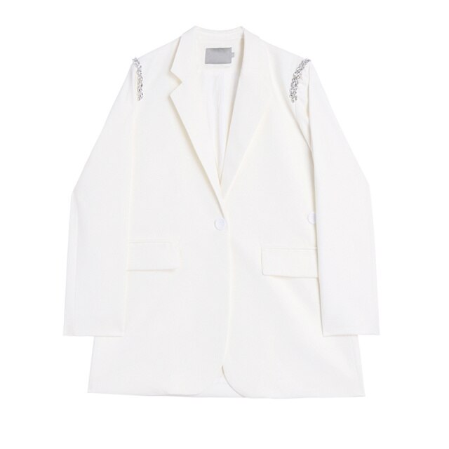[EAM] Women Rhinestone Spliced Khaki Casual Blazer Jacket