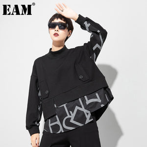 [EAM] Women Letter Print Iregular Spliced Sweatshirt