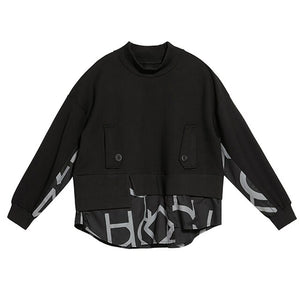 [EAM] Women Letter Print Iregular Spliced Sweatshirt