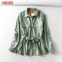 Load image into Gallery viewer, TANGADA Women Light Green Faux Leather Jacket Coat with Belt