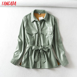 TANGADA Women Light Green Faux Leather Jacket Coat with Belt