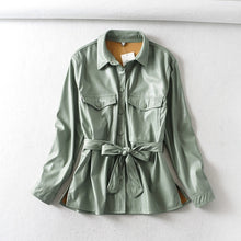Load image into Gallery viewer, TANGADA Women Light Green Faux Leather Jacket Coat with Belt