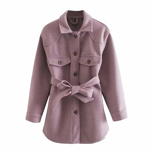 AACHOAE Women Long Sleeve Turn Down Collard Wool Coat With Belt