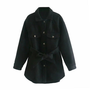 AACHOAE Women Long Sleeve Turn Down Collard Wool Coat With Belt