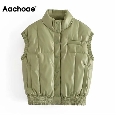 AACHOAE Women PU Faux Leather Button Up Sleeveless Vest