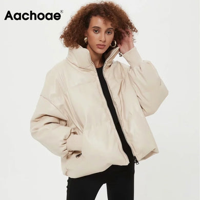 AACHOAE Women PU Faux Leather Padded Coat