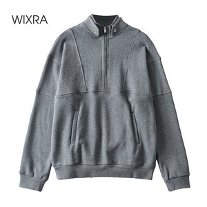 WIXRA Women Basic Zipper Loose Cotton Long Sleeve Pullover