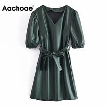 Load image into Gallery viewer, AACHOAE Women Faux Leather Puff Sleeve Dress
