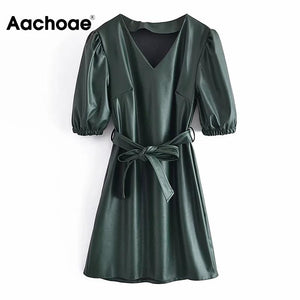 AACHOAE Women Faux Leather Puff Sleeve Dress