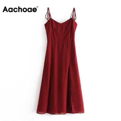 AACHOAE Women Spaghetti Strap Red V-Neck Dress