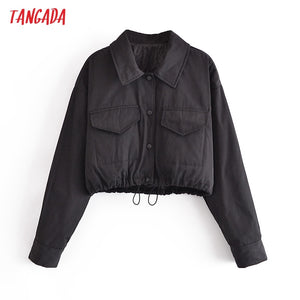TANGADA Women Black Oversized Crop Padded Overcoat