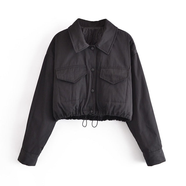TANGADA Women Black Oversized Crop Padded Overcoat