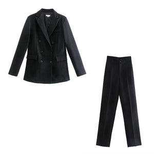 WIXRA Women Casual Double Breasted Vintage Blazer Coat + Pants Set