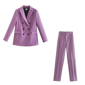 WIXRA Women Casual Double Breasted Vintage Blazer Coat + Pants Set