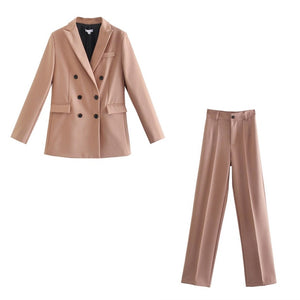 WIXRA Women Casual Double Breasted Vintage Blazer Coat + Pants Set
